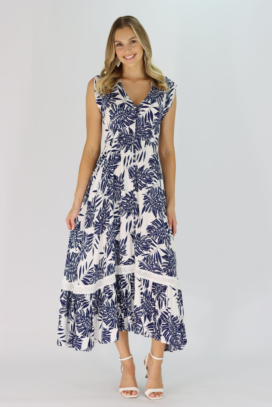 Tropical Leaf Maxi Dress In Navy Blue