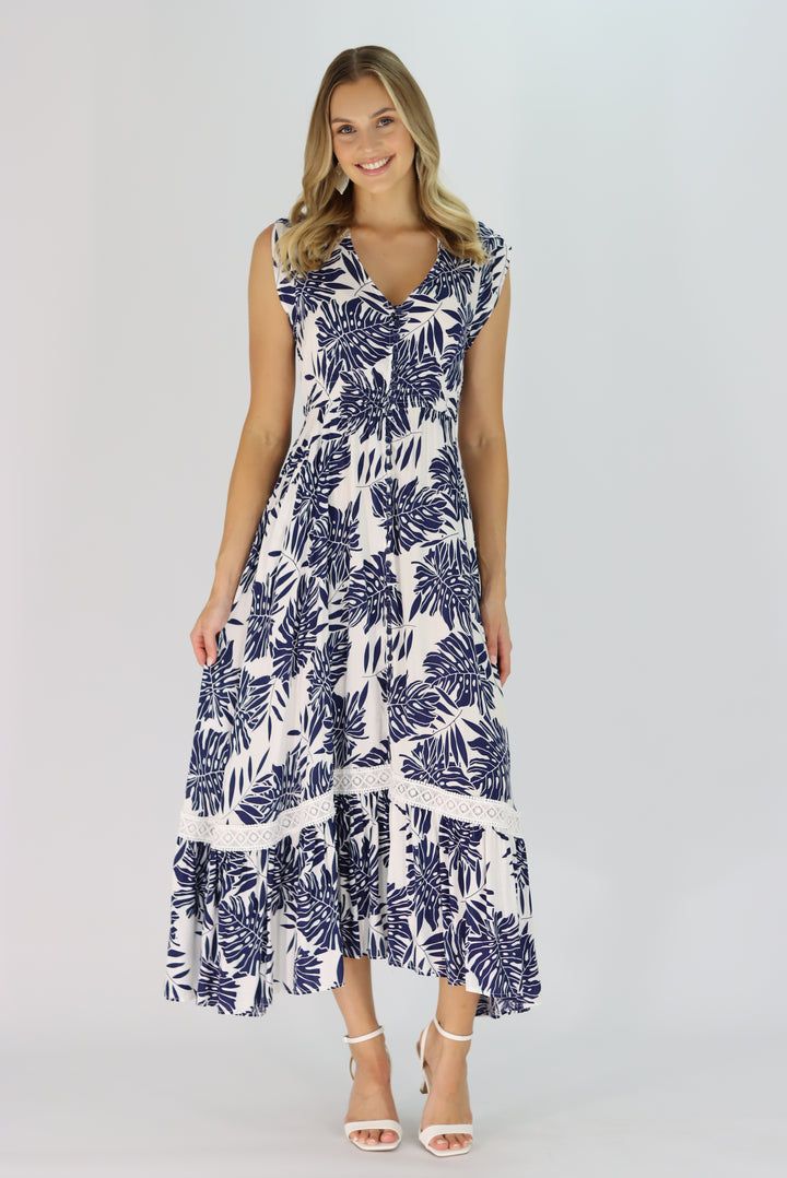 Tropical Leaf Maxi Dress In Navy Blue