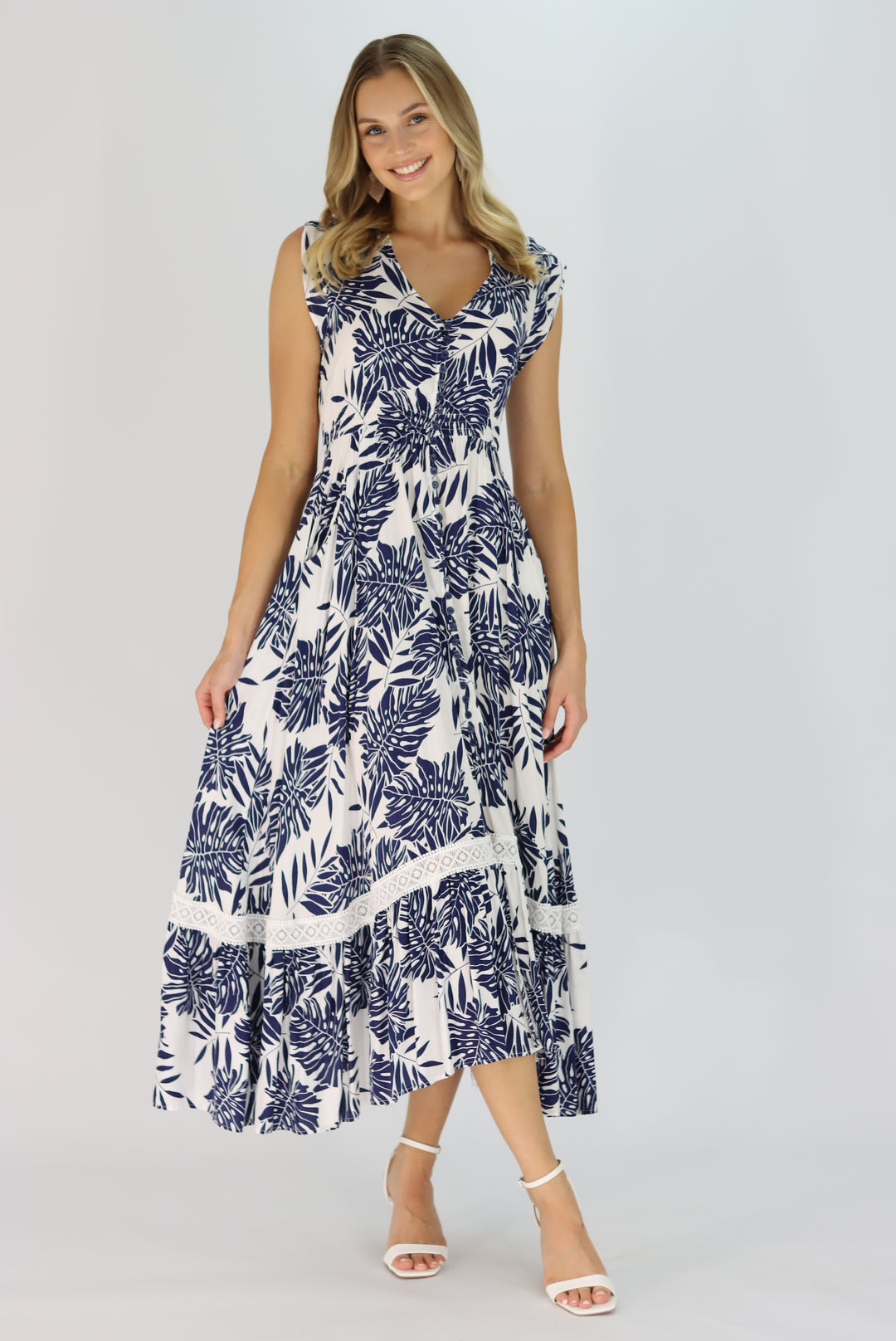 Tropical Leaf Maxi Dress In Navy Blue