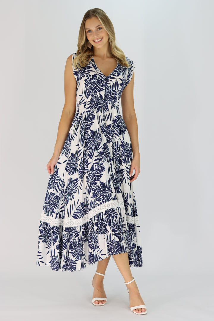 Tropical Leaf Maxi Dress In Navy Blue