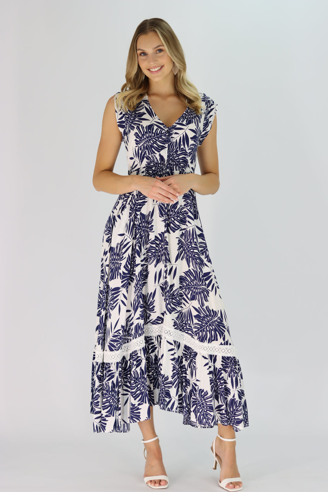 Tropical Leaf Maxi Dress In Navy Blue