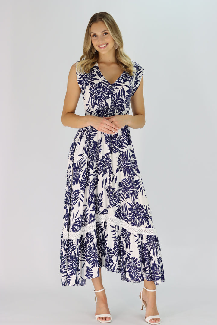 Tropical Leaf Maxi Dress In Navy Blue