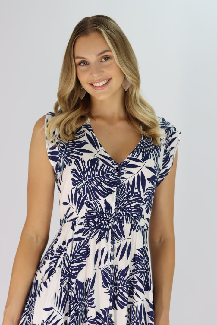 Tropical Leaf Maxi Dress In Navy Blue