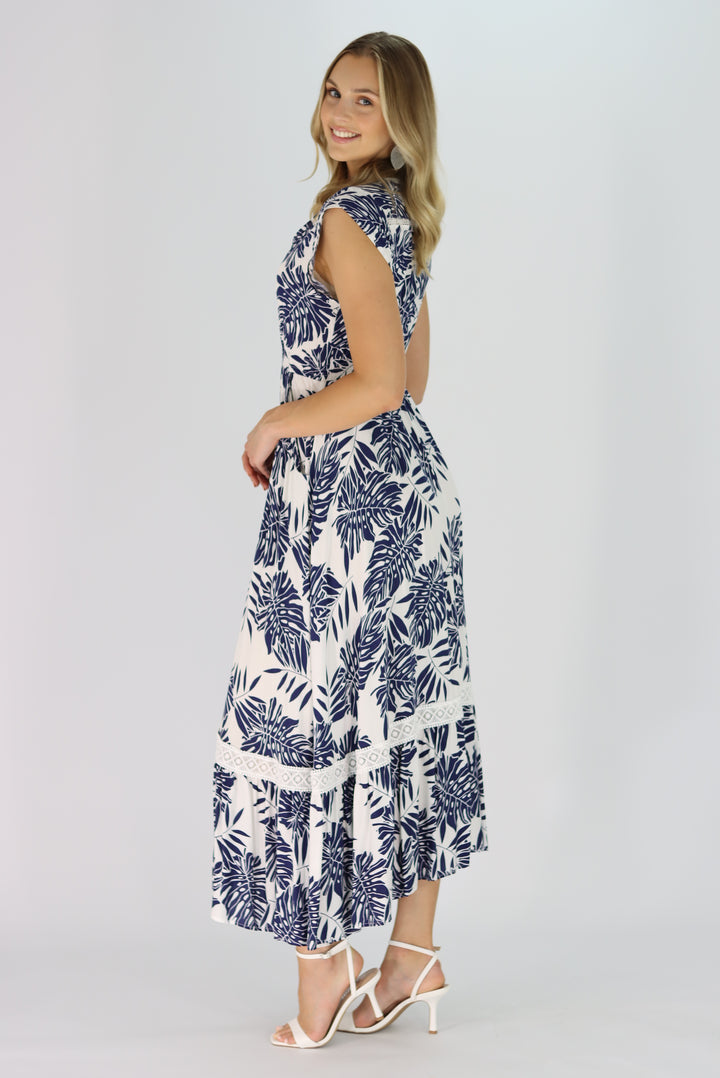 Tropical Leaf Maxi Dress In Navy Blue