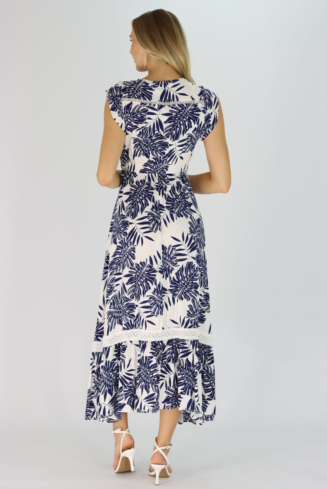Tropical Leaf Maxi Dress In Navy Blue