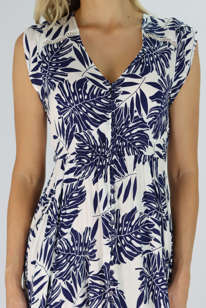 Tropical Leaf Maxi Dress In Navy Blue