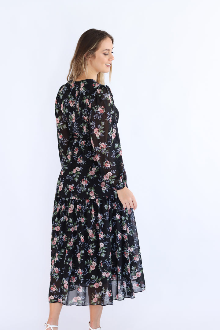 Diona Full-Sleeve Floral Midi Dress