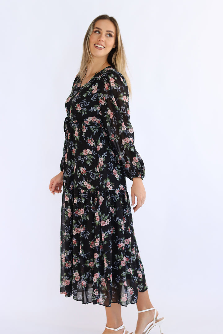 Diona Full-Sleeve Floral Midi Dress