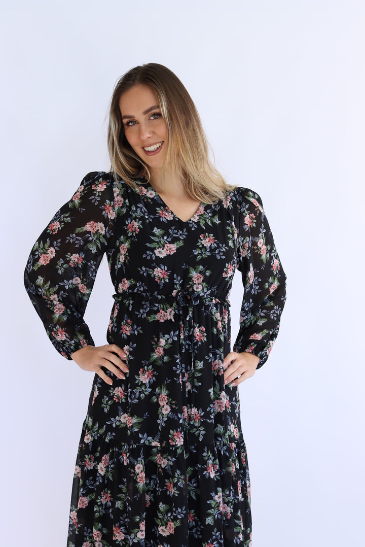 Diona Full-Sleeve Floral Midi Dress