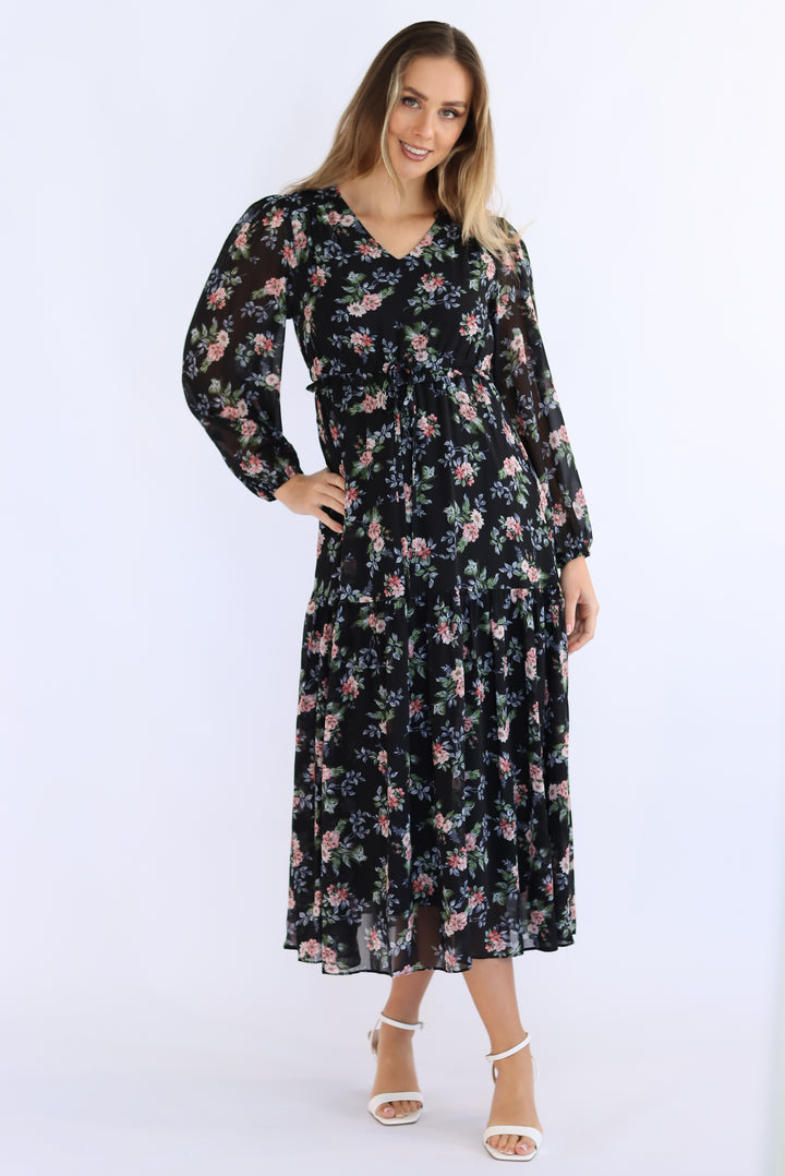 Diona Full-Sleeve Floral Midi Dress