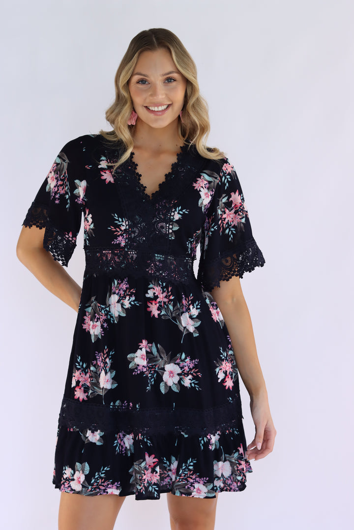 Aria Floral Lace Trim Dress in Navy