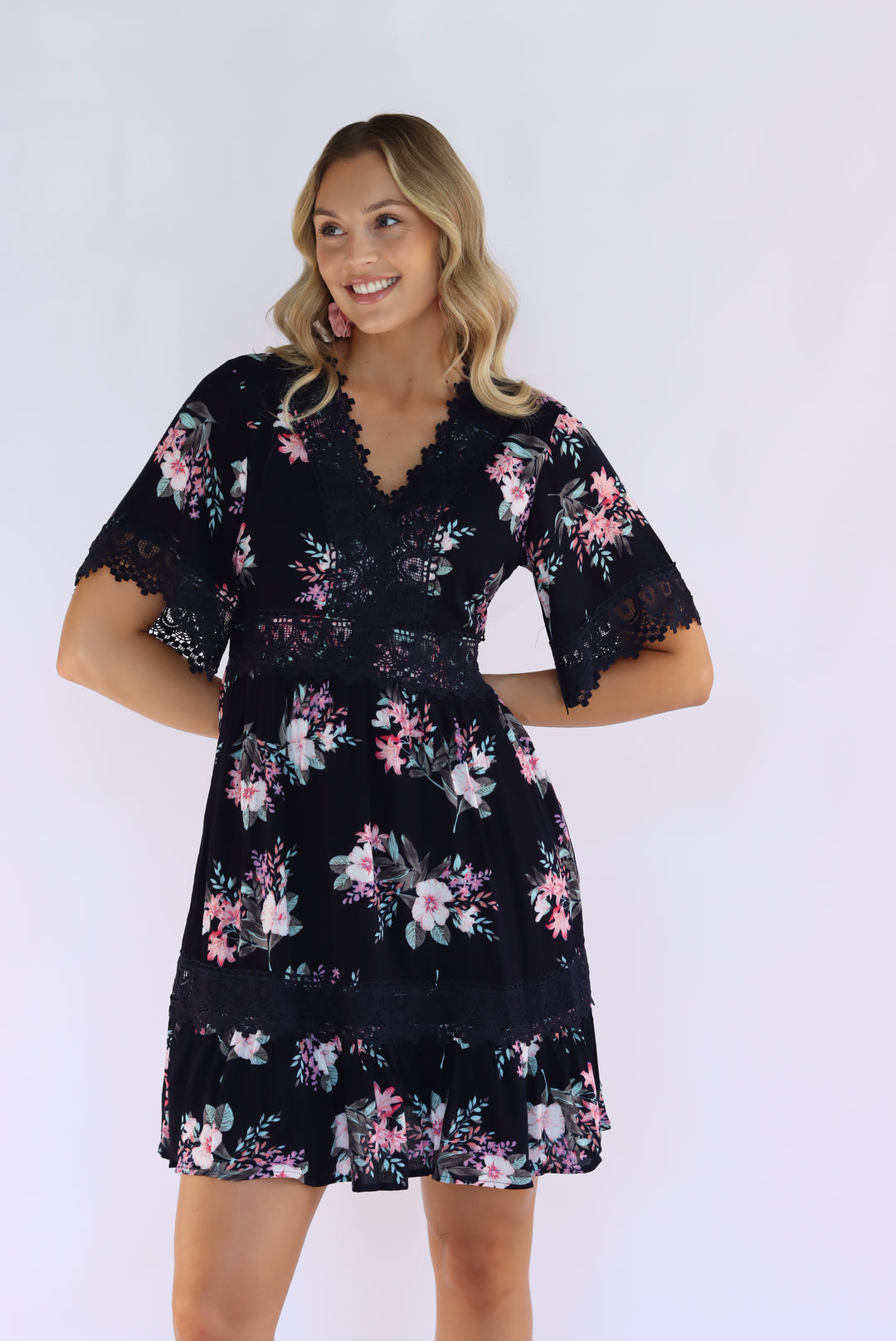 Aria Floral Lace Trim Dress in Navy