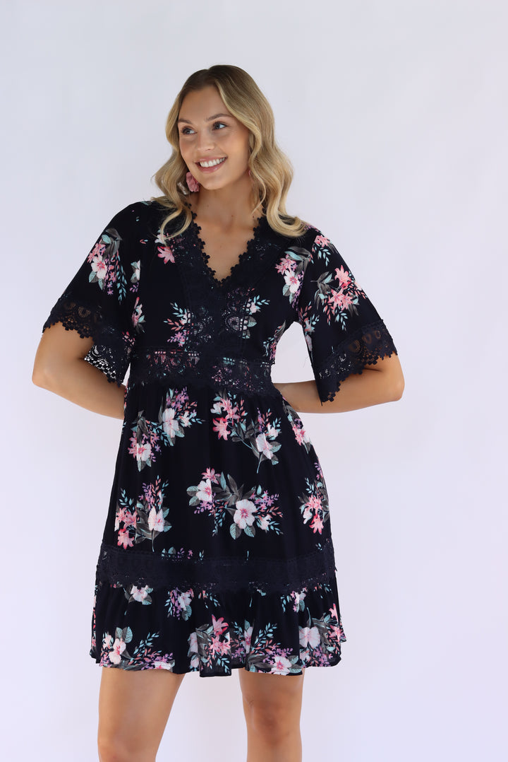 Aria Floral Lace Trim Dress in Navy