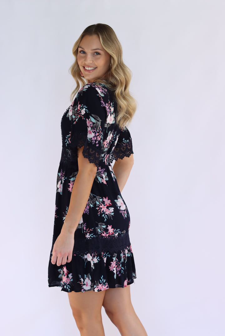 Aria Floral Lace Trim Dress in Navy