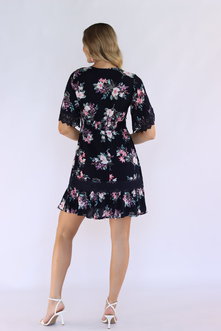 Aria Floral Lace Trim Dress in Navy