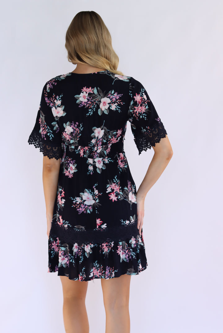 Aria Floral Lace Trim Dress in Navy