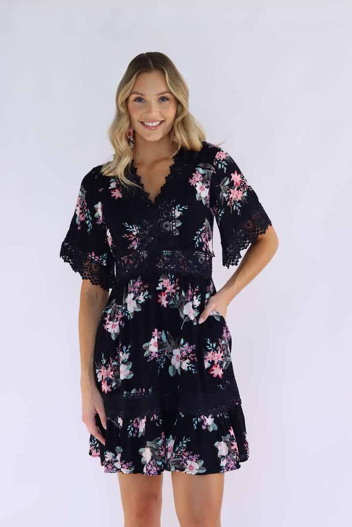 Aria Floral Lace Trim Dress in Navy
