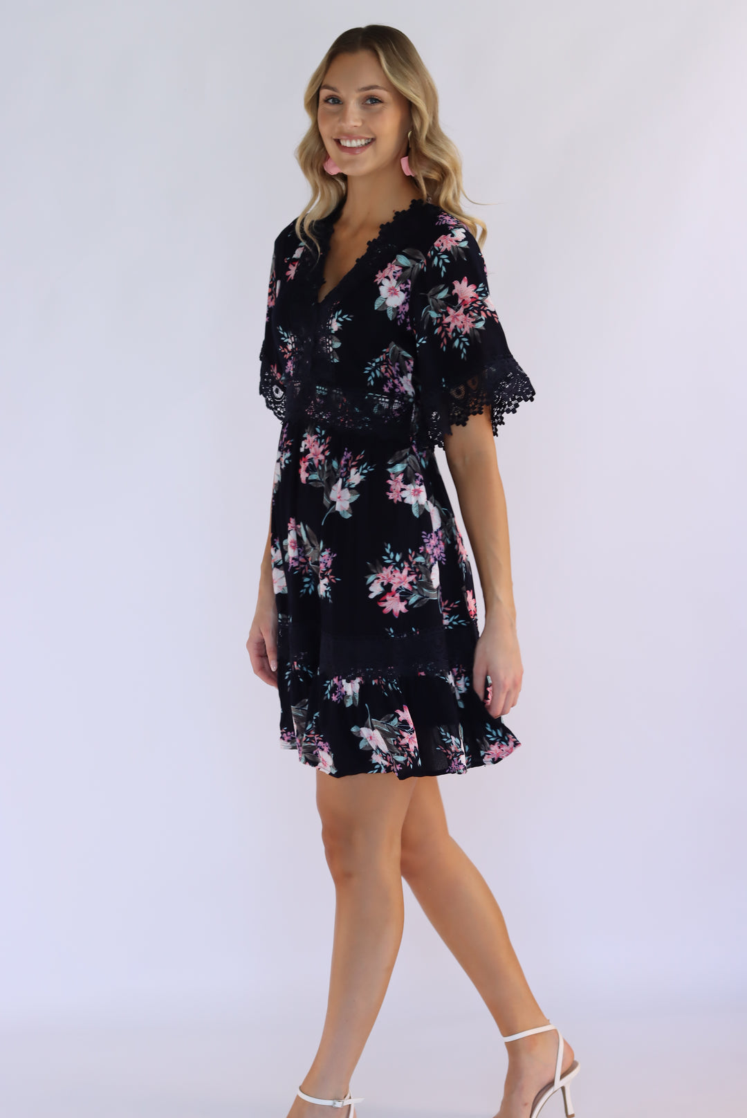 Aria Floral Lace Trim Dress in Navy