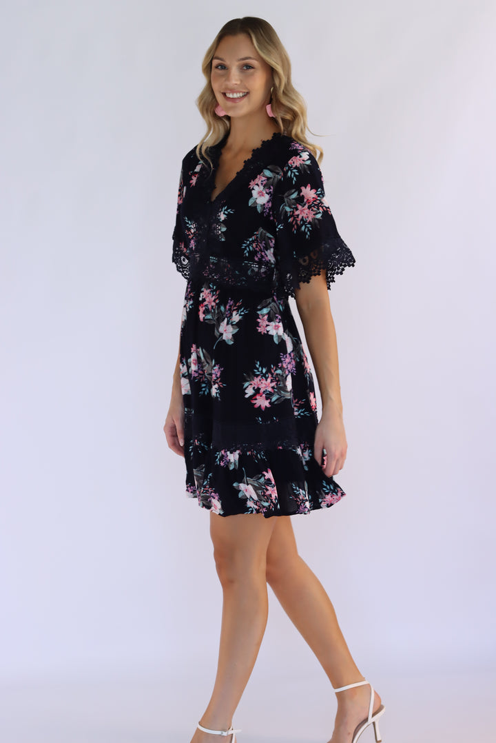 Aria Floral Lace Trim Dress in Navy
