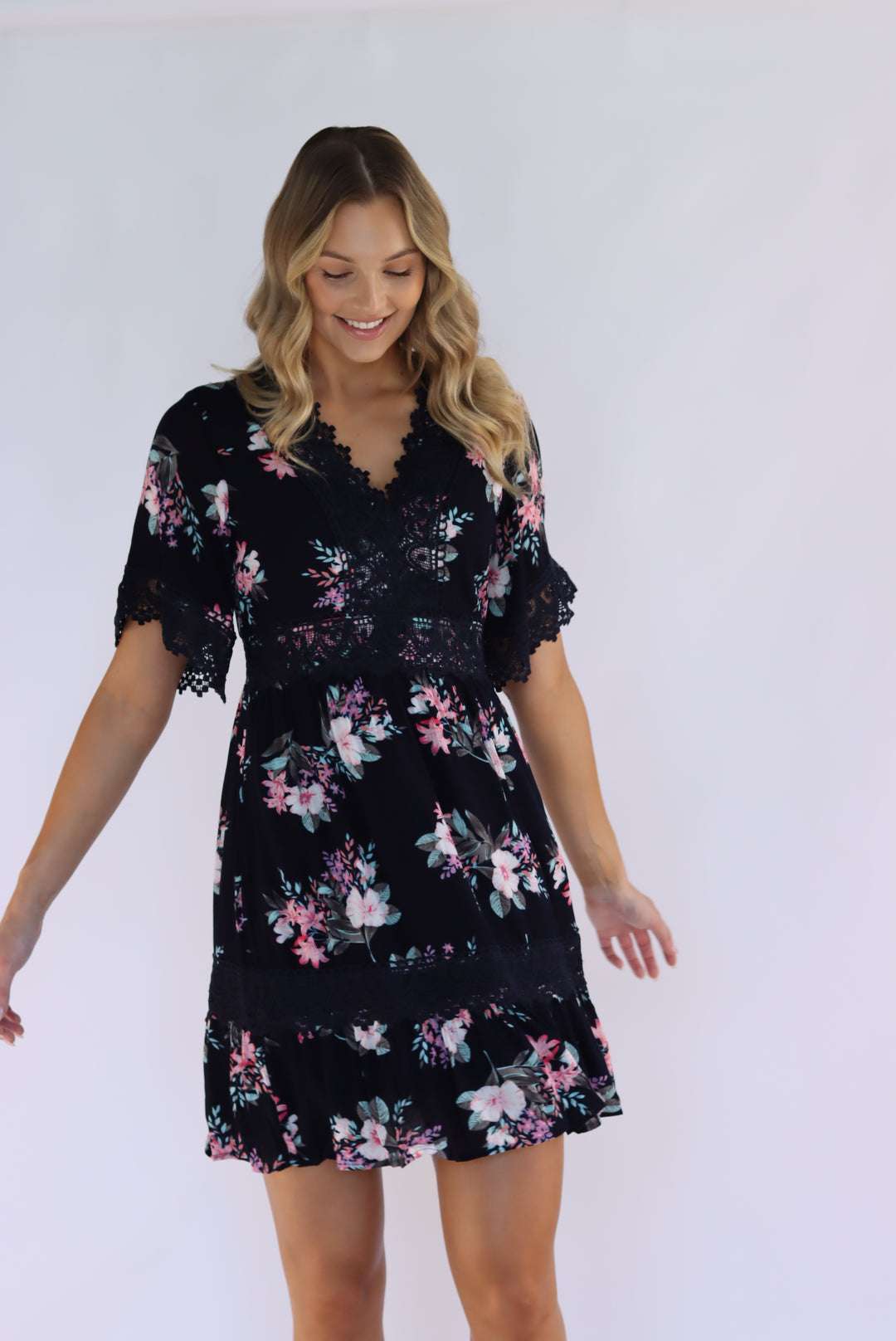 Aria Floral Lace Trim Dress in Navy