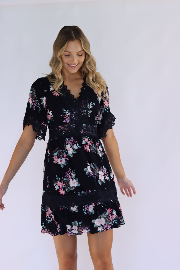 Aria Floral Lace Trim Dress in Navy
