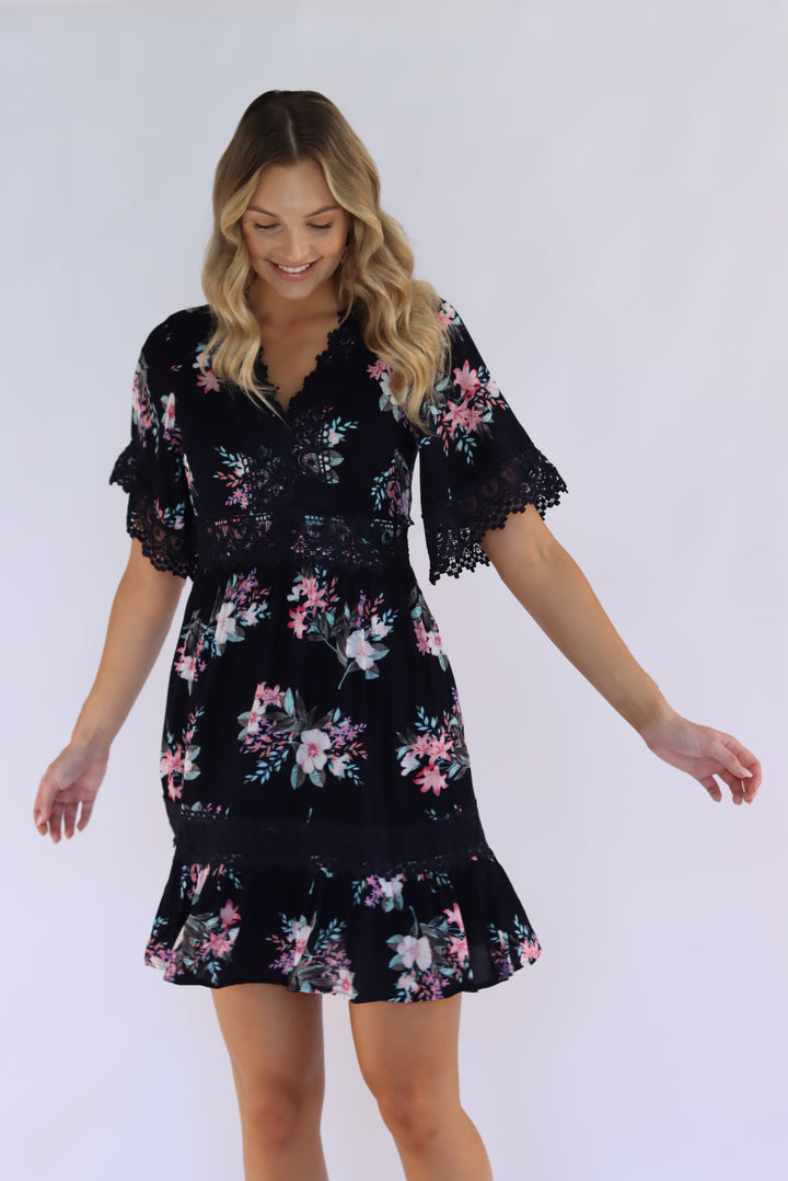 Aria Floral Lace Trim Dress in Navy