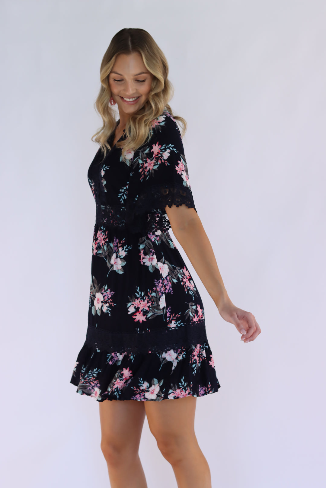 Aria Floral Lace Trim Dress in Navy