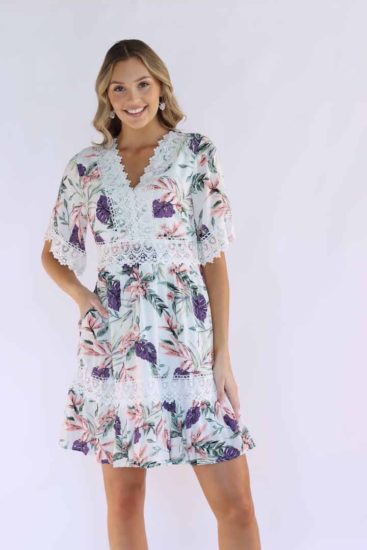 Aria Floral Lace Dress in White