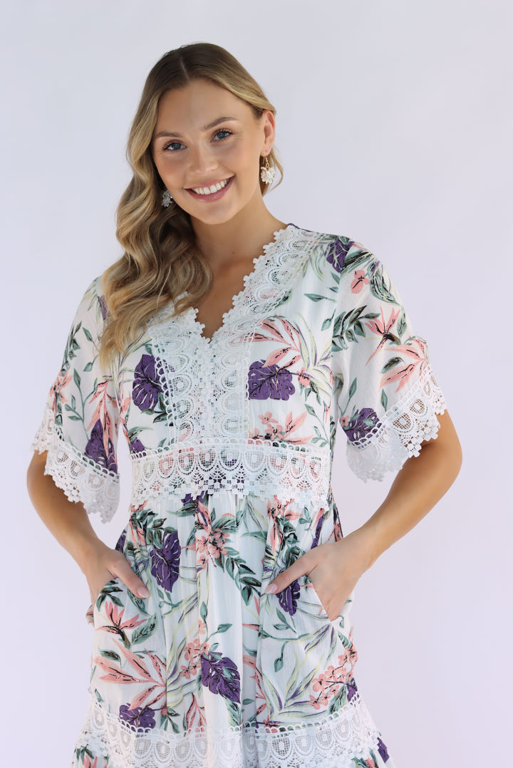 Aria Floral Lace Dress in White
