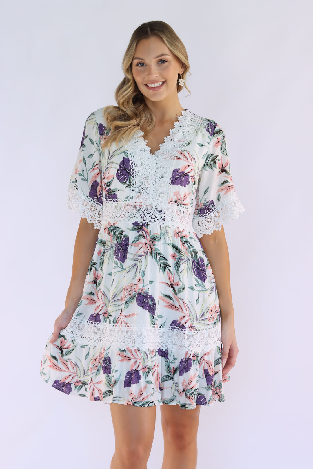 Aria Floral Lace Dress in White