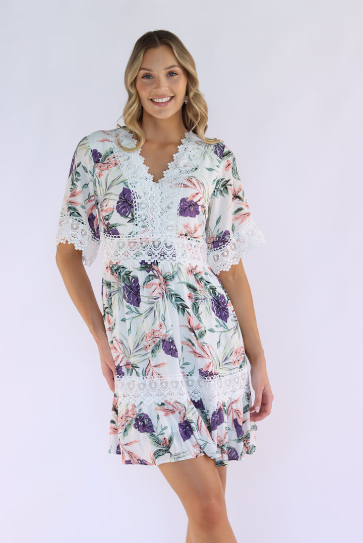 Aria Floral Lace Dress in White