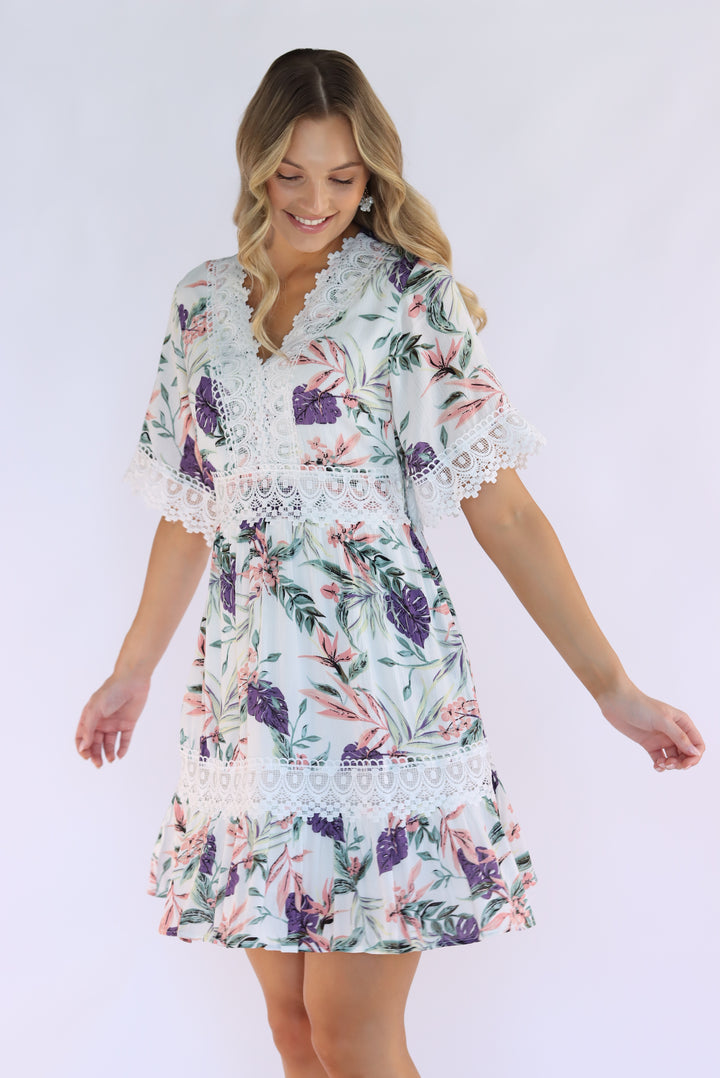 Aria Floral Lace Dress in White