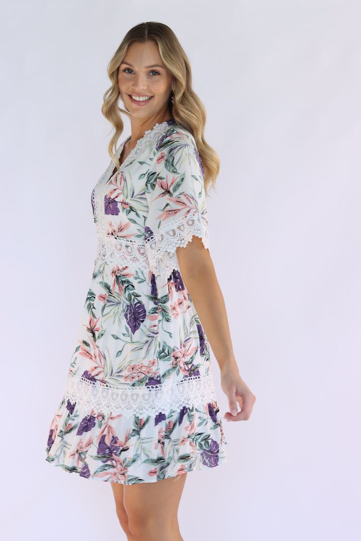 Aria Floral Lace Dress in White