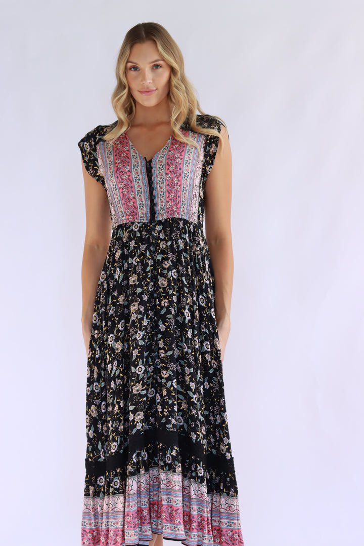 Thalia Boho Maxi Dress In Black