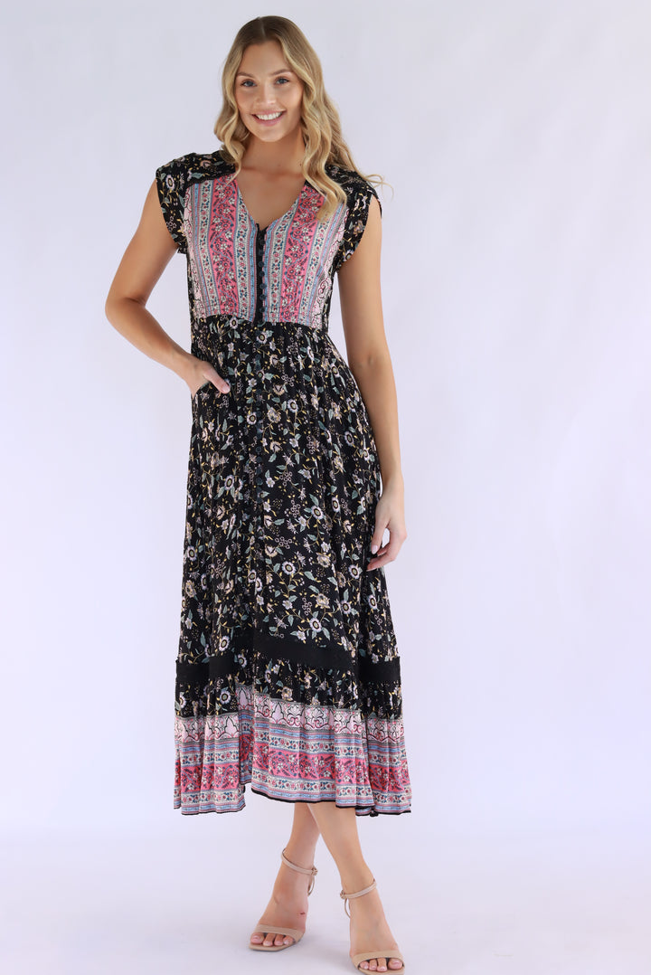 Thalia Boho Maxi Dress In Black