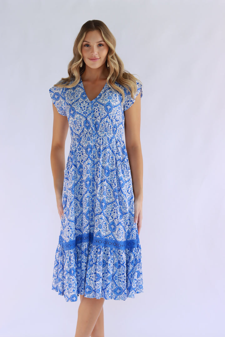 Floral Mosaic Midi In Blue