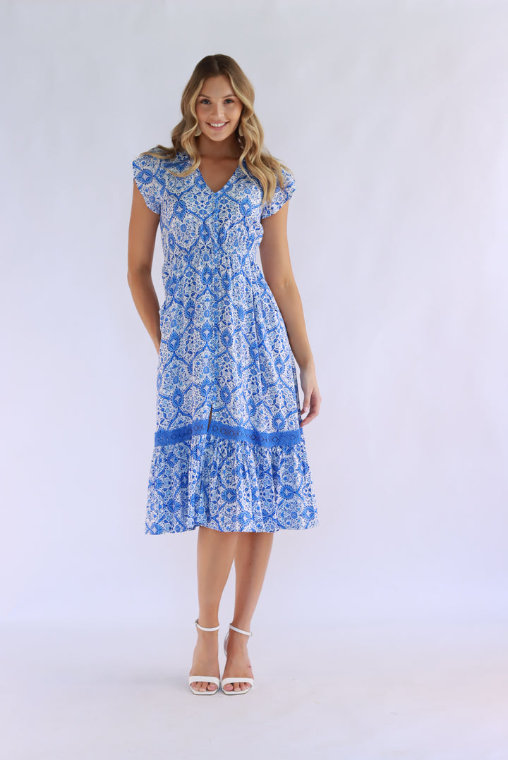 Floral Mosaic Midi In Blue