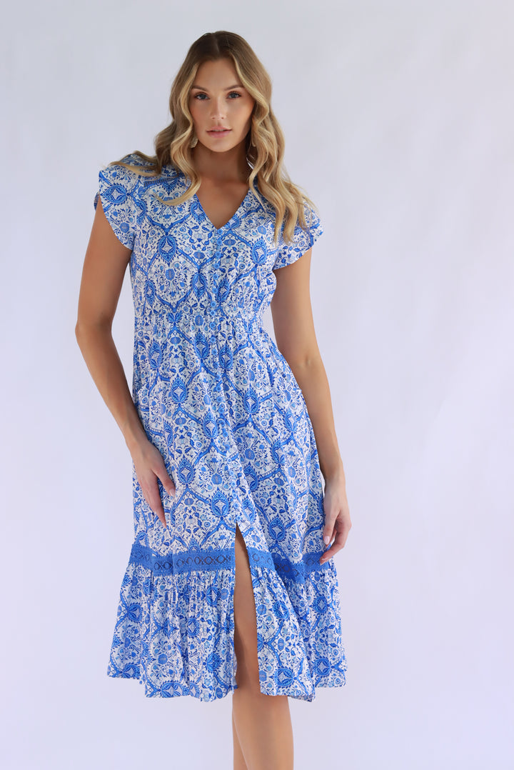 Floral Mosaic Midi In Blue