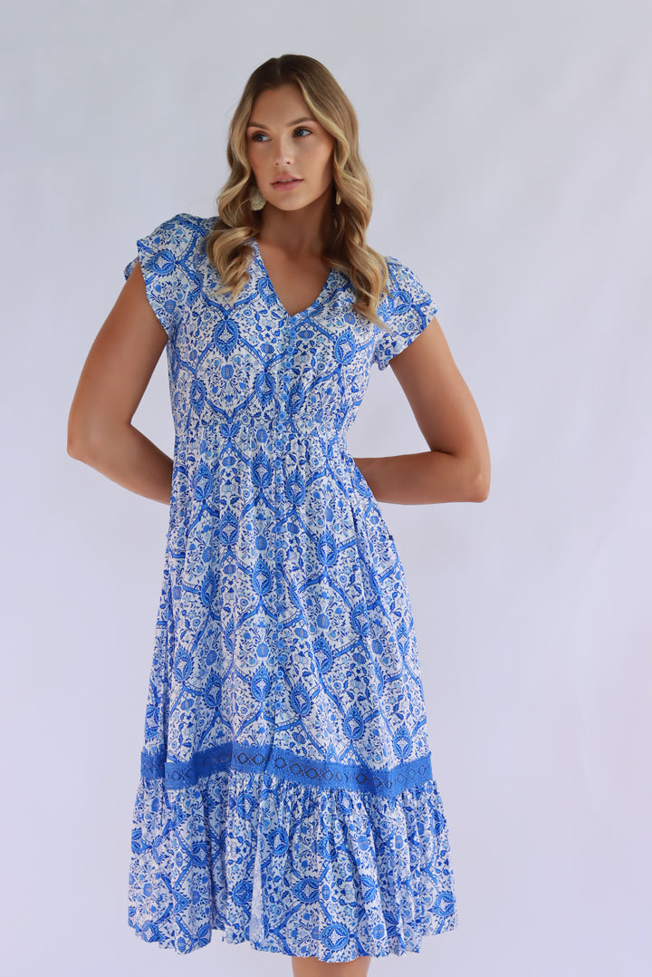 Floral Mosaic Midi In Blue