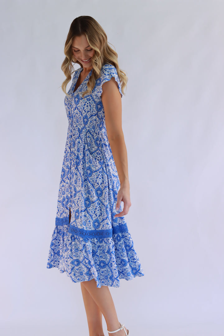 Floral Mosaic Midi In Blue