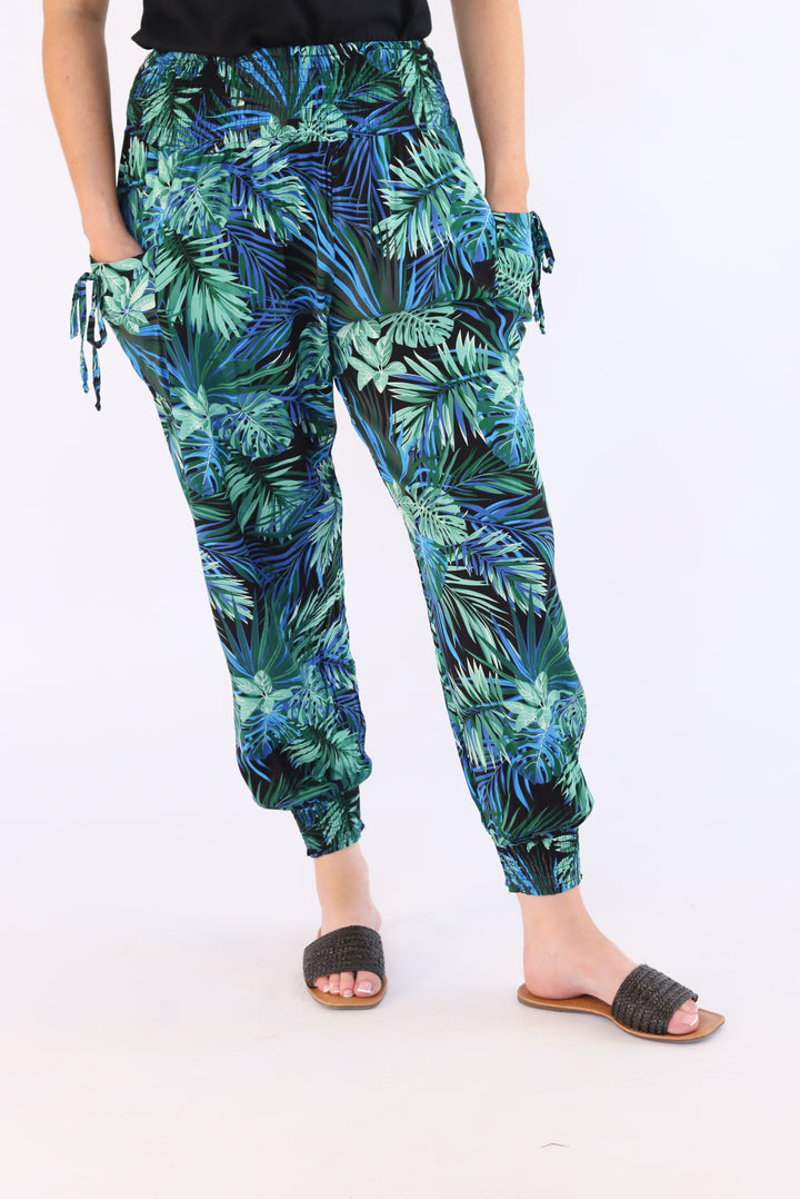 Blue Leaf Print Harem Pants