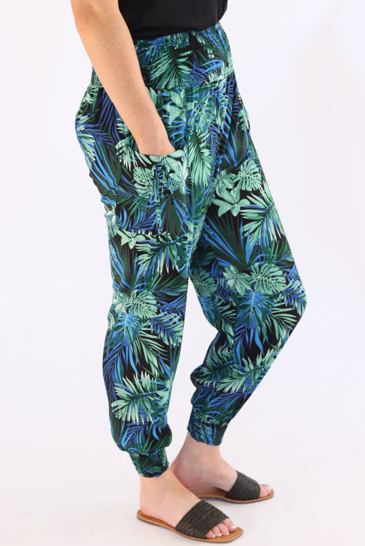 Blue Leaf Print Harem Pants