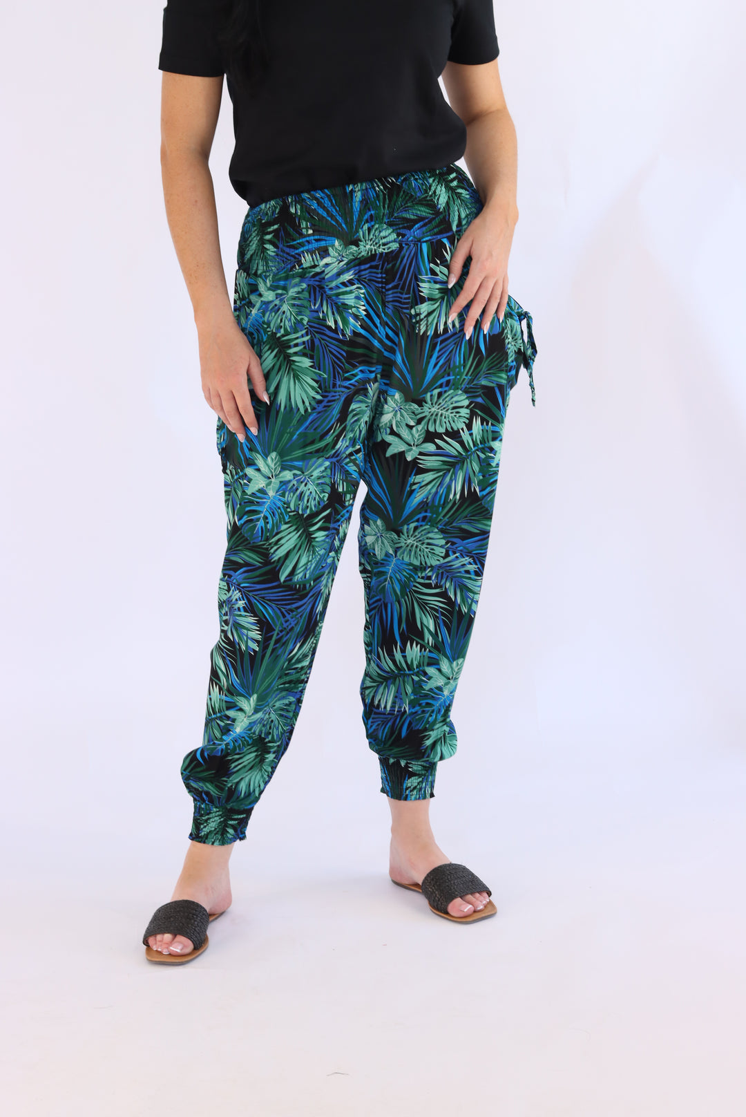 Blue Leaf Print Harem Pants