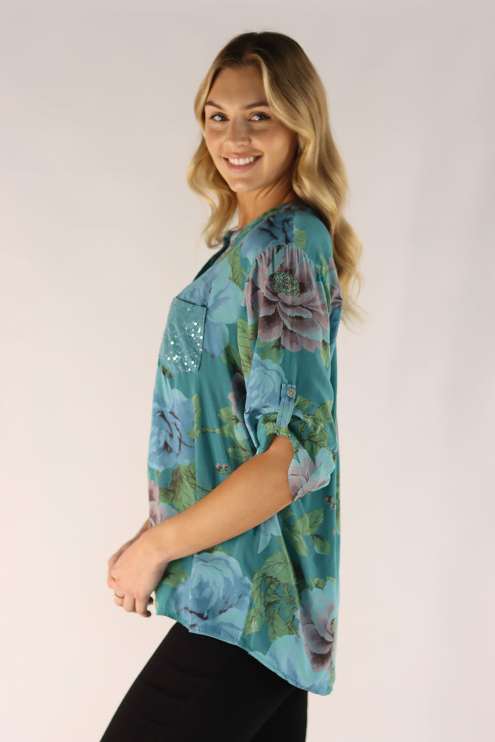 Bindi Floral Top In Teal