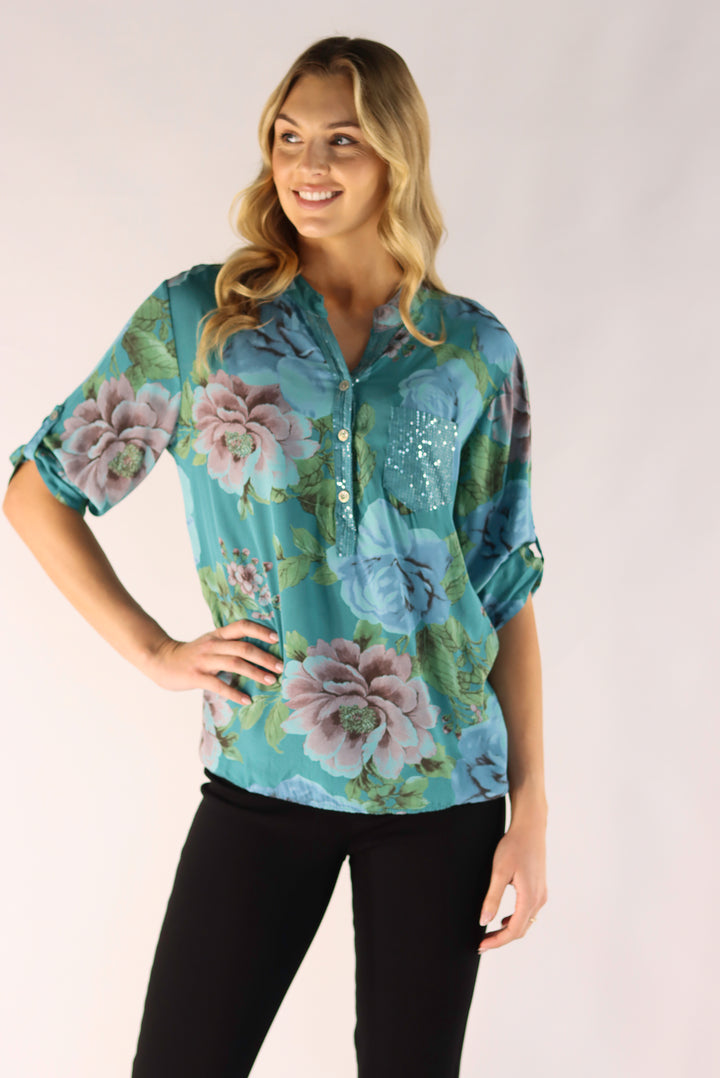 Bindi Floral Top In Teal