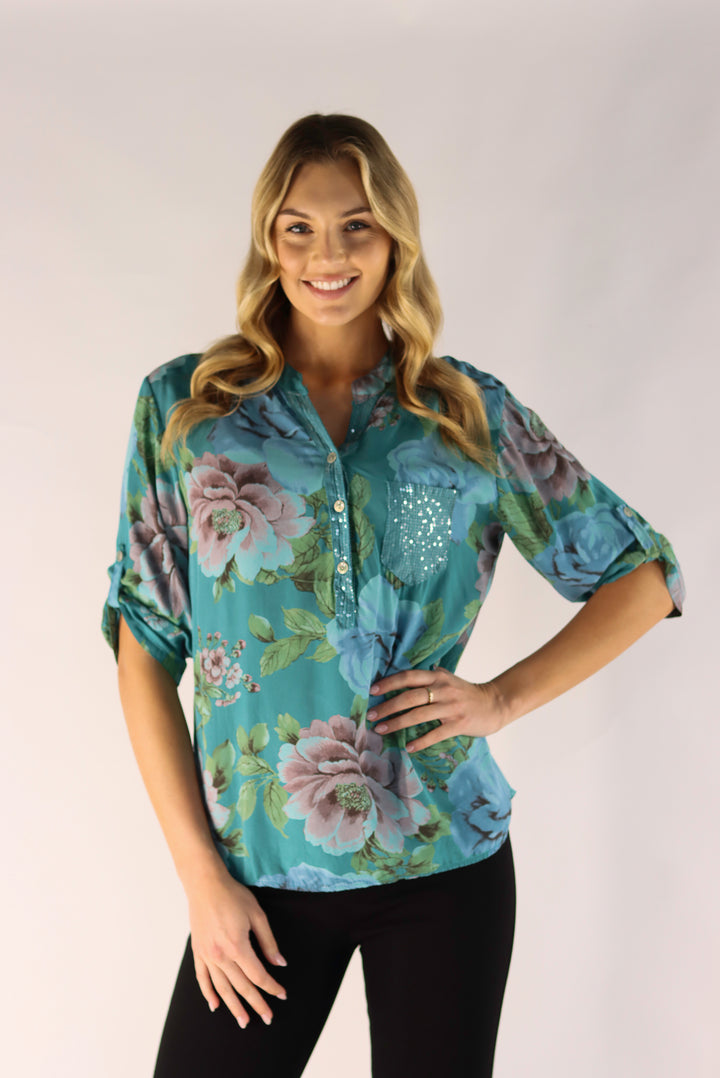 Bindi Floral Top In Teal