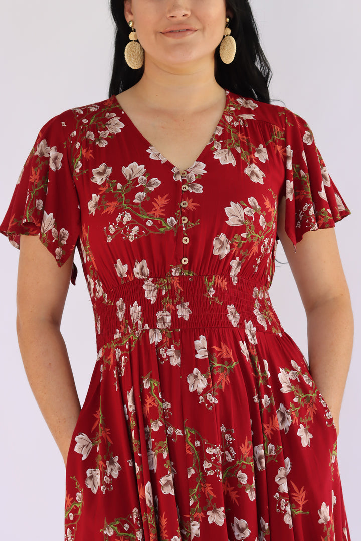 Lucia Floral Dress In Cherry Red