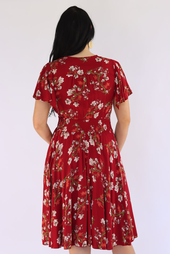 Lucia Floral Dress In Cherry Red