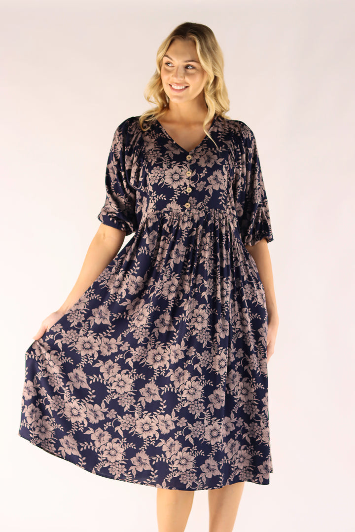 Navy Midi Dress Loose Fit Style