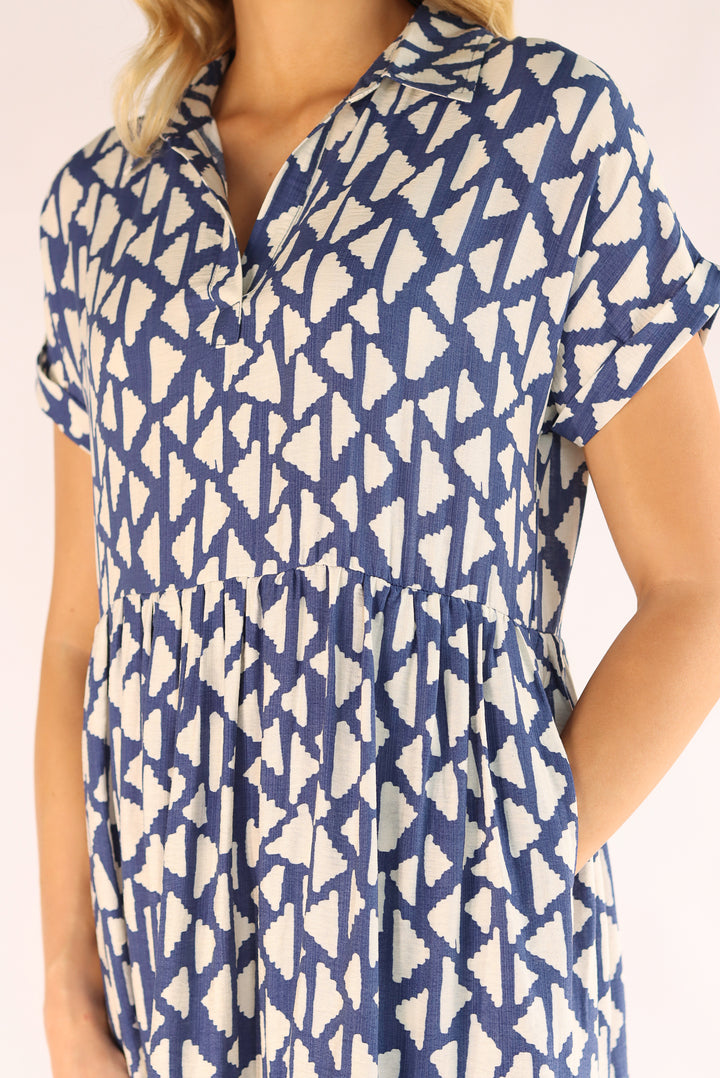 Blue White Abstract Print Midi Dress